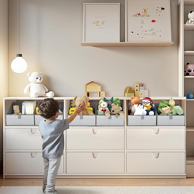 DIMJ Closet Storage Bins 10 Pack - Fabric Trapezoid Closet Organizer Bin, Foldable Storage Baskets for Shelves, Closet Shelf Organizer, Clothing Storage Box for Toys, Books, Towel, Clothes, Gray