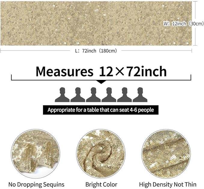 6 Packs 12 x 108 inches Champagne Gold Sequin Table Runner, Glitter Champagne Table Runner for Wedding Birthday Bachelorette Holiday Party Supplies Decorations Bridal Shower Baby Shower