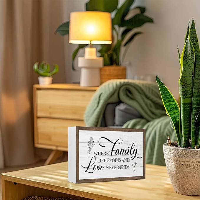 Family Where Life Begin Love Never Ends Wooden Box Sign,10.3 * 6 Inches,Rustic Family Saying Wooden Block Sign for Home Farmhouse Living Room Bedroom Shelf Desk Tabletop Wall Decor