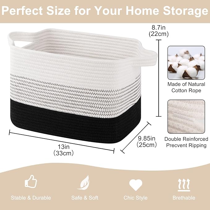 Storage Baskets for Organizing, Woven Baskets for Shelves, Rectangle Decorative Organizer for Storage Clothes, Toy, Books, Towels Nursery Bins 3 Pack (Gradient Black)