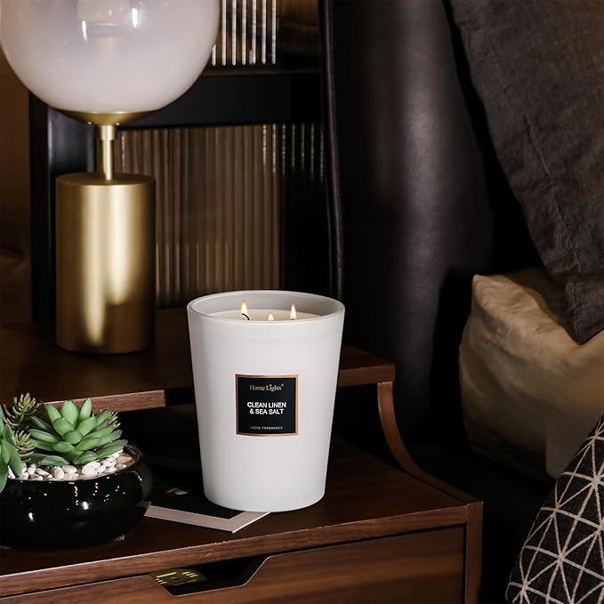 HomeLights Scented Candles - Large Jar Aromatherapy, Natural Soy Wax, 130 Hour Long Burning, Clean Linen & Sea Salt