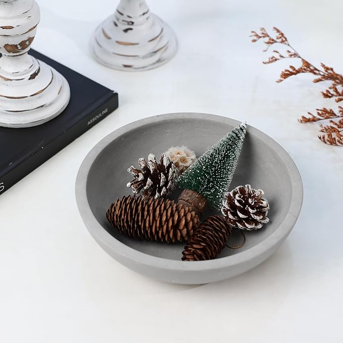 Marble Fruit Bowl for Kitchen Counter - Decorative Serving Bowl with Gray Travertine Design, Modern Home Decor (7.8 Inch)