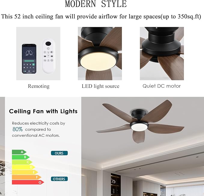 Ceiling Fans with Lights, 43 Inch Low Profile Ceiling Fan with Light and Remote/App Control, Flush Mount, Reversible DC Motor, 3CCT, Dimmable, Noiseless, Brown Ceiling Fan for Indoor/Outdoor Use