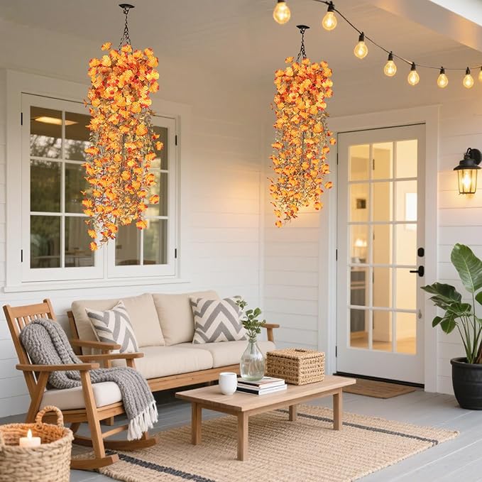 Agusbagli 4 Pcs Fake Hanging Fall Flowers for Outdoors UV Resistant Artificial Hanging Fall Eucalyptus Plants Faux Fall Flowers Decorations for Home Planter Porch Patio Garden Yard Window Fall Decor