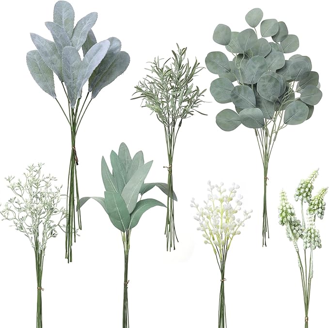 YXZZWL Artificial Greenery Stems Box Set,65 Pcs with 7 Kinds of Faux Greenery Branches Fake Eucalyptus for Wedding DIY Bouquets Floral Arrangement Table Centerpieces (Dusty Green)