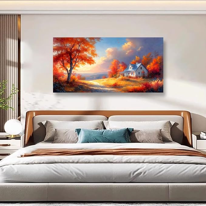 Village House Red Tree Canvas Wall Art Bedroom Wall Decor Living Room,Autumn Scenery Wall Art Office Kitchen Paintings Artwork Modern Abstract Pictures Art Prints Waterproof Ready to Hang-20x40inch