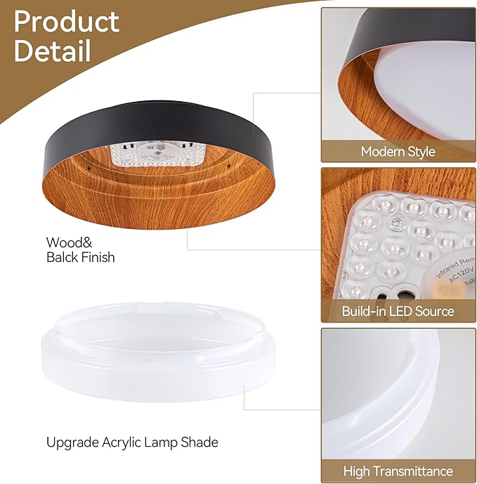 12 Inch LED Flush Mount Ceiling Light with Remote, 18W Flush Mount Light Fixture in Balck and Wood Finish, Dimmable Ceiling Light for Bedroom, Hallway, Entryway, Bathroom, Kitchen