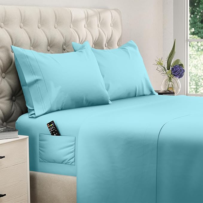 DREAMCARE Twin XL Sheets Set - 4 Pcs Cooling Bed Sheets with Up to 15" Deep Pockets - Soft, Long-Lasting 100% Brushed Polyester with Side Pocket (Spa Blue)