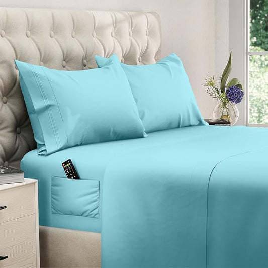 DREAMCARE Twin XL Sheets Set - 4 Pcs Cooling Bed Sheets with Up to 15" Deep Pockets - Soft, Long-Lasting 100% Brushed Polyester with Side Pocket (Spa Blue)