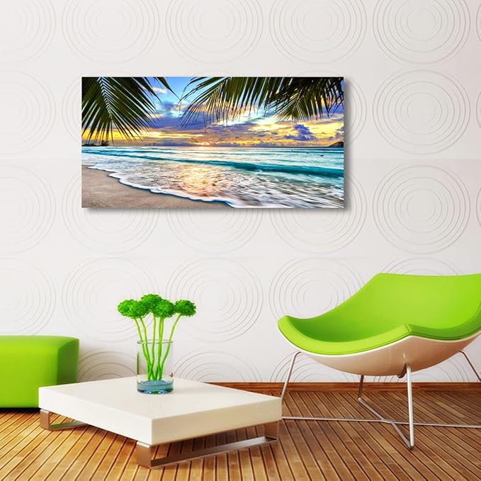 Beach Canvas Wall Art Seascape Theme Pictures Home Decor Blue Ocean White Wave Palm Tree Prints Paintings for Living Room Bathroom Bedroom Kitchen Office Decoration Natural Scenery Artwork 20x40inches