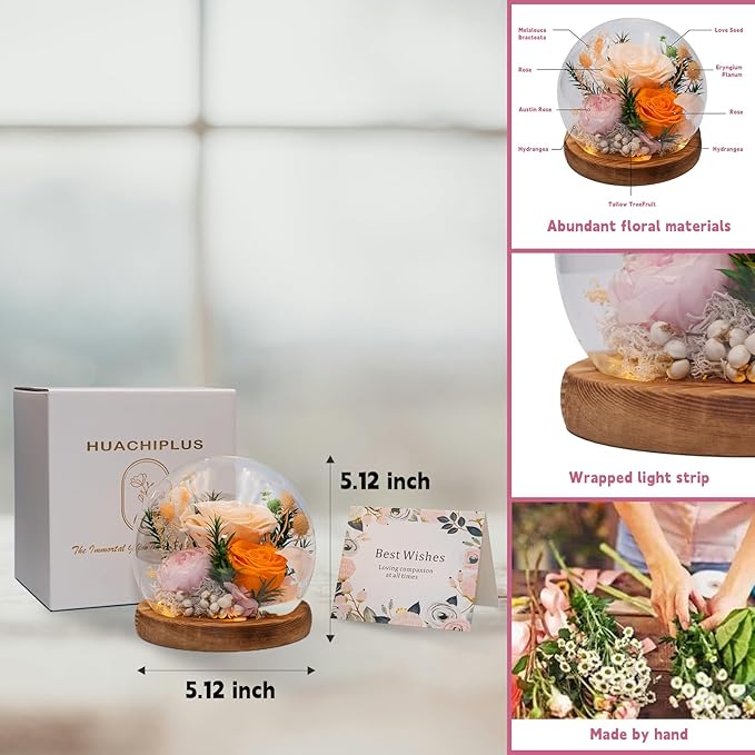 Eternal Flowers for Decoration: Preserved Flowers in Glass Dome, Unique Forever Flowers Gift for Her BBF – Perfect Decorative Flowers for Home Décor - Flowers for Delivery Prime (Champagne)