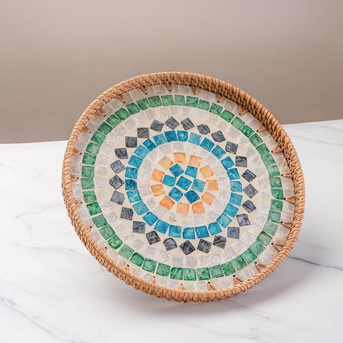 11.81" Decorative Round Mother Pearl Inlay Tray Rattan Wooden Base for Fruit Serving, Coffee Table Tray, Storage and Display Organizer (Colorful Square13.8)