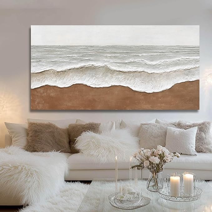 Textured Wall Decor Ocean Wall Painting White Line Wall Art Posters 29"x58" Large Pictures for Living Room Dining Room