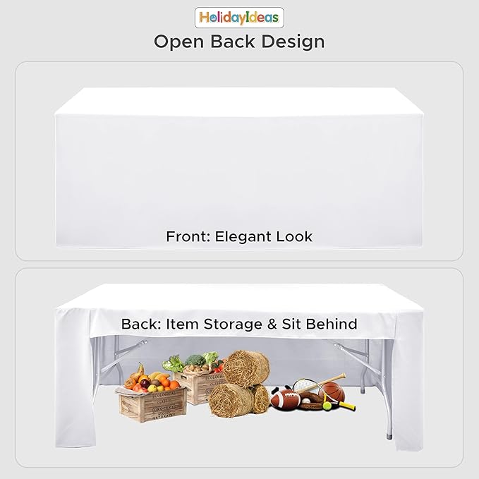 HolidayIdeas Open Back Fitted Tableclothss for 6 Foot Rectangle Table, Wrinkle Resistant Washable Table Covers 72x30 Inch for Craft Fairs, Banquets, Trade Show Display, White,4 Pcs