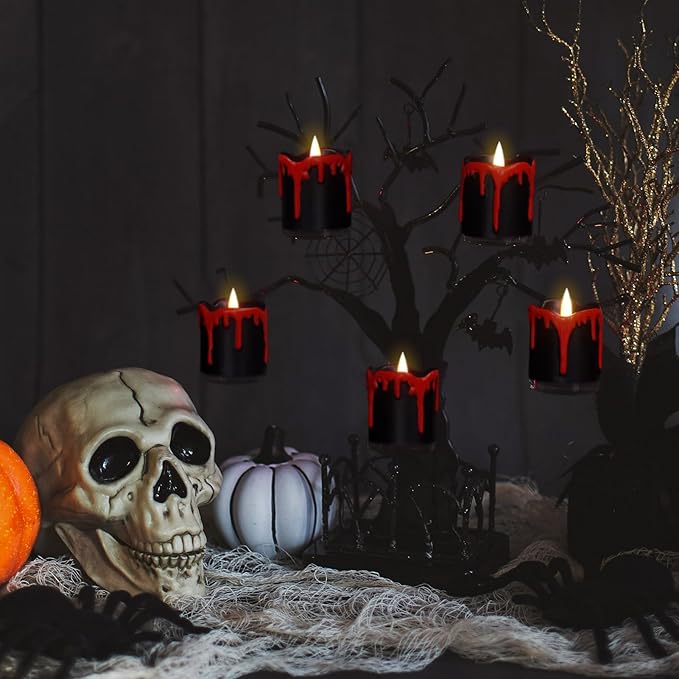 Eldnacele Black Votive Flameless Candles Battery Operated with Timer, 300+ Hour Blood Dripping Wax Tea Lights Flickering Electric LED Candles Fall Dinner Decor Spooky Halloween Lights(6Pcs,2"×2.2")
