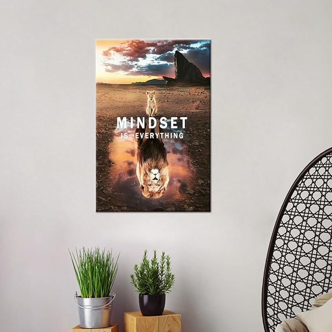 Inspirational Canvas Painting Small Cat and Big Lions Mindset is Everything Wall Art Cute Animal Poster Prints Wall Pictures for Office Living Room Home Decor Framed Ready to Hang [12''W x 18''H]