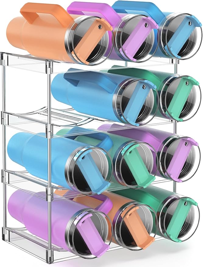 Water Bottle Organizer Stanley Cup Holder, 4-Tier Tumbler Storage, Stackable Water Bottle Holder for Kitchen Cabinet Pantry, Large Compartment fits 40 oz Tumblers, Stanley Accessories