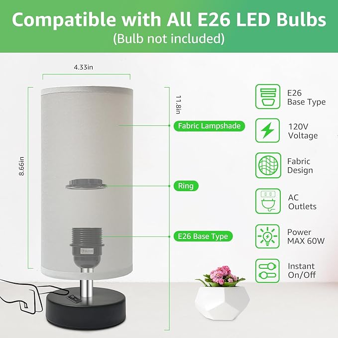 Small Lamp for Bedroom, Bedside Lamps for Night Stands, Mini Minimalist Table Lamp with Round Gray Fabric Shade, 11.8 Inch Desk Reading Lamp for Dorm Room Living Room Office Room, 1 Pack