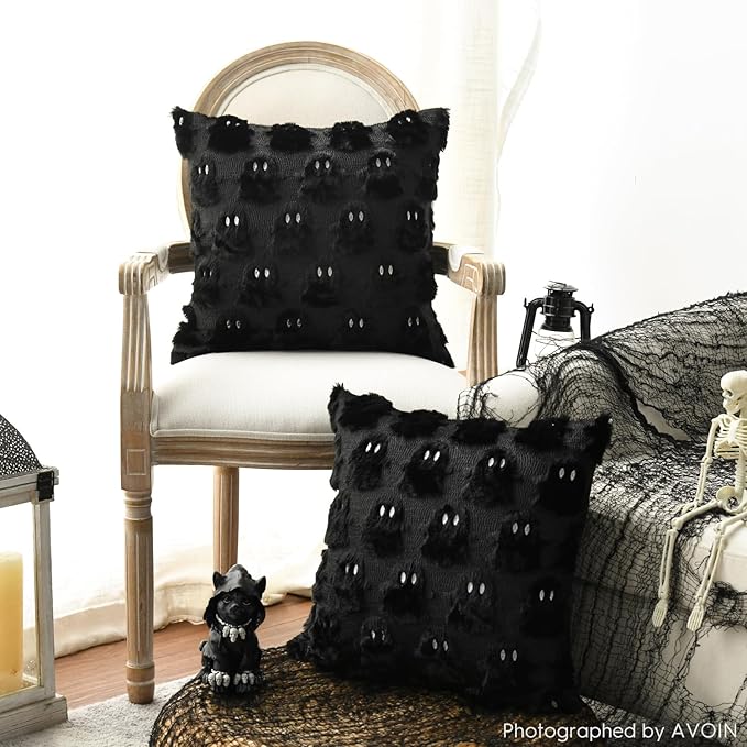 AVOIN colorlife Halloween Ghost Black Throw Pillow Cover Set of 2, 18 x 18 Inch Soft Plush Faux Fur Jacquard Spooky Cushion Case Decoration for Sofa Couch