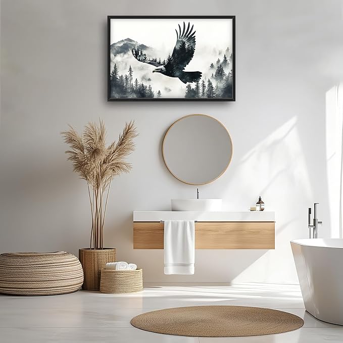 Framed Large Wall Art for Living Room, Flying Bald Eagle Canvas Wall Decor, Large Mountain Forest Pictures Framed Painting, Natural Landscape Artwork for Bedroom Office Home Decor 36L'' × 24W''
