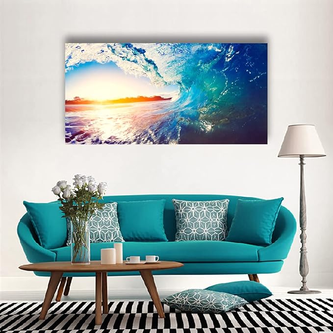 Canvas Wall Art Sea Waves Ocean Landscape Picture Print Wall Art Modern Giclee Artwork Home Decor Stretched and Framed Ready to Hang,2.5cm Thick Frame, Waterproof Artwork