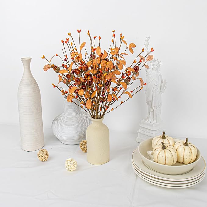 12 PCs Artifical Fall Stems 17 Inches Faux Autumn Branches Fall Floral Picks with Berry Acorn for Vase Table Centerpieces Window Living Room Indoor Decor