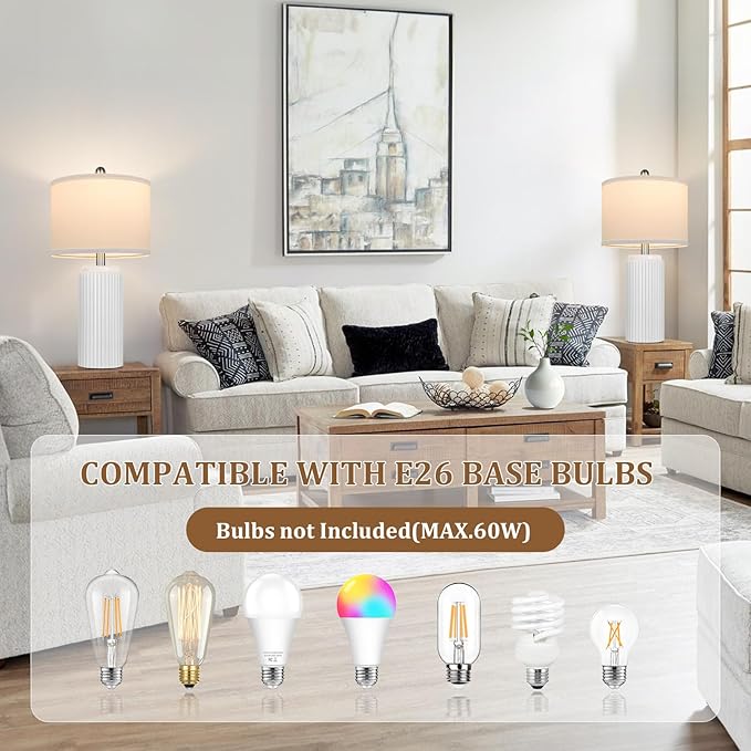 TOBUSA 23.5’’ Modern White Ceramic Lamps Set of 2, Living Room Retro Side Table Lamps, Farmhouse Bedside Nightstand White Lamps for Bedroom with Linen Shade, Elegant Decor Lamp Sets for Home Office