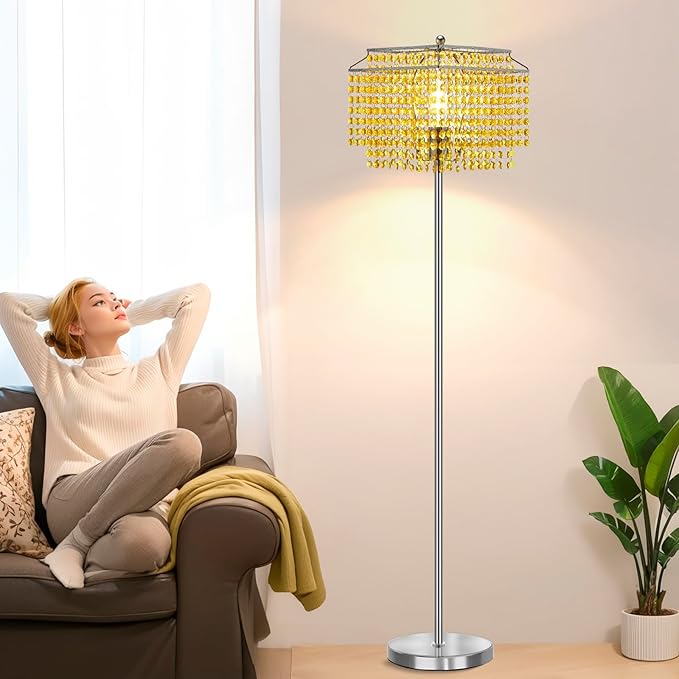 Luvkczc Crystal Floor Lamp Yellow, 64" Tall Elegant Standing Lamp with On-Off Foot Switch, Double-Layer Lampshade, Standing Lamps for Living Room, Bedroom, Office, 8W Bulb Included