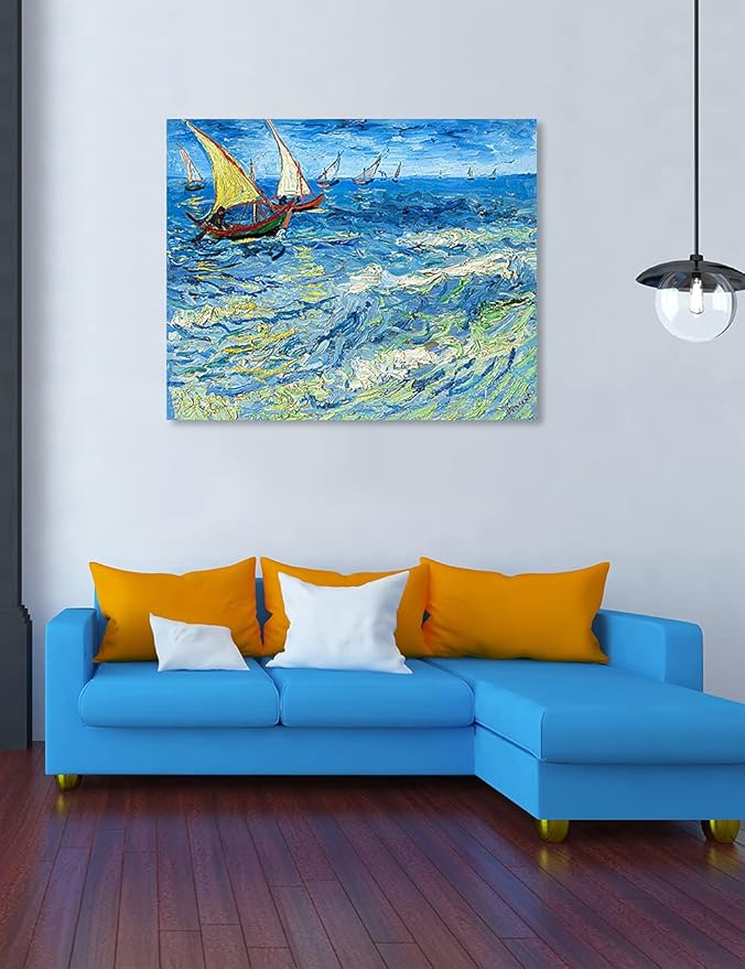 DECORARTS - Fishing Boats at Sea, Vincent Van Gogh Art Reproduction. Giclee Print on Canvas. Wall Art for Home. 40x32