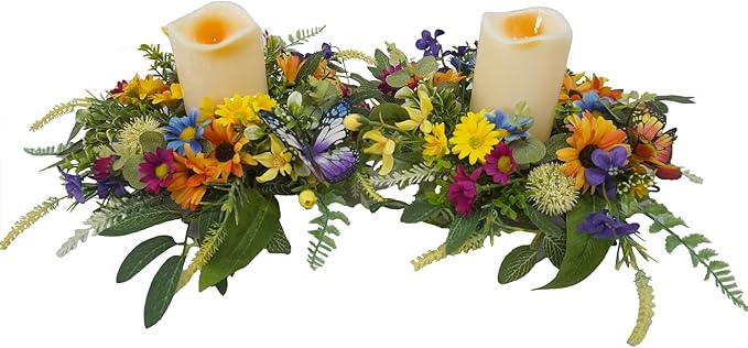 Spring Summer Candle Rings,Floral Candle Rings Wreaths 6 Inch,Daisy and Sunflowers,Mixed Flowers with 2pcs Plastic Candles,Perfect for Spring Decor,Centerpieces for Tables,Indoor Outdoor Home Decor