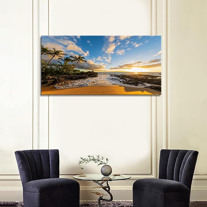 DZL Art S75462 Large Beach wall art Secret Beach at sunset, Maui, Hawaii Canvas Wall Art For Living Room Decoration Nature Picture Canvas Prints Painting for for Office Wall Decor Home Decorations