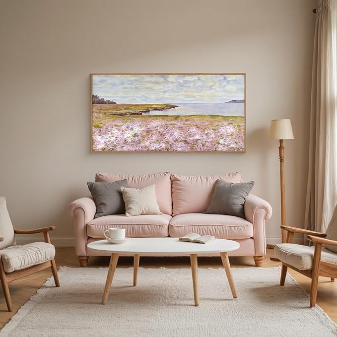 HOURIA Pink Wildflower Coastal Landscape Framed Canvas Wall Art Set,Green Meadow Field Wall Decor,Watercolor Beach Wall Painting,Modern Seaside Wall Decor for Living Room, Bedroom, Farmhouse-20"x40"x1