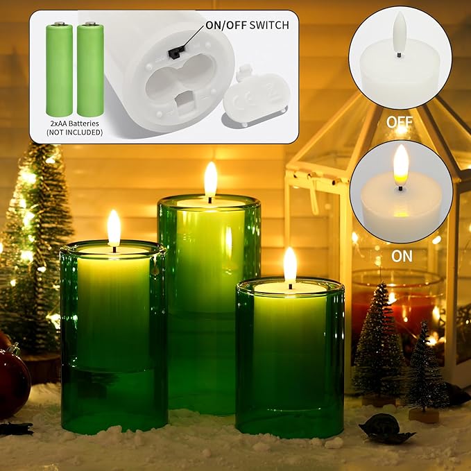 NURADA Flameless Candles with Remote Timer - Glass Holder Real Wax 3D Wick LED Pillar Votive Candle Set Battery Operated Flickering Light for St Patricks Day Home Decor-Green 3 Pack