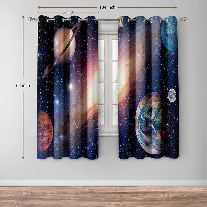 Jekeno Galaxy Planet Blackout Curtains Outer Space Universe Nebula Stars Starry Sky Decor for Kids Boys Bedroom Living Room Darkening Grommet Window Drapes 2 Panel Set, 52"x63"