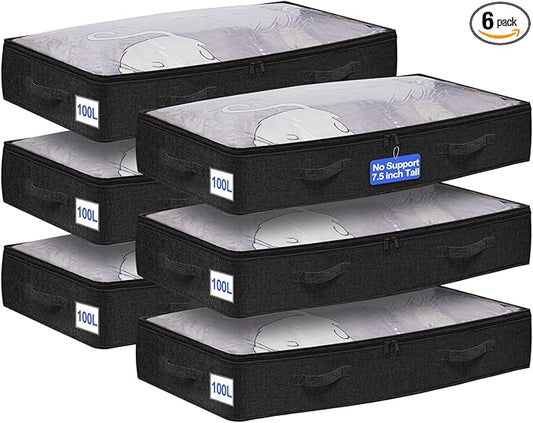 punemi 100L Jumbo Under Bed Storage Containers (No Support) - 6-Pack Foldable Bins, 7.5in Tall Underbed Clothing Storage for Blankets, Comforters, Sweaters & Linen Sheets - Soft-Sided, Black