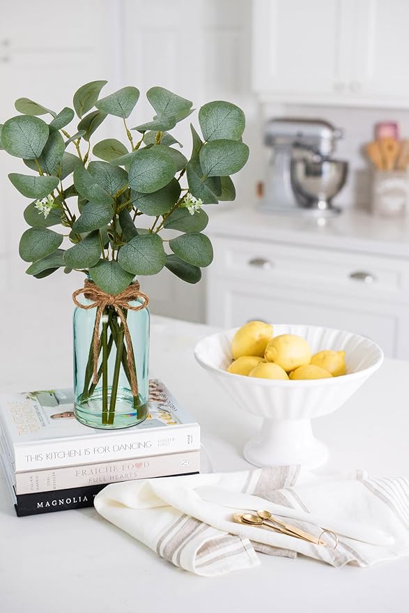 Briful Artificial Eucalyptus Stems in Blue Glass Vase with Faux Water, 14" Fake Plant Eucalyptus Leaves for Home Farmhouse Wedding Centerpiece Bathroom Décor