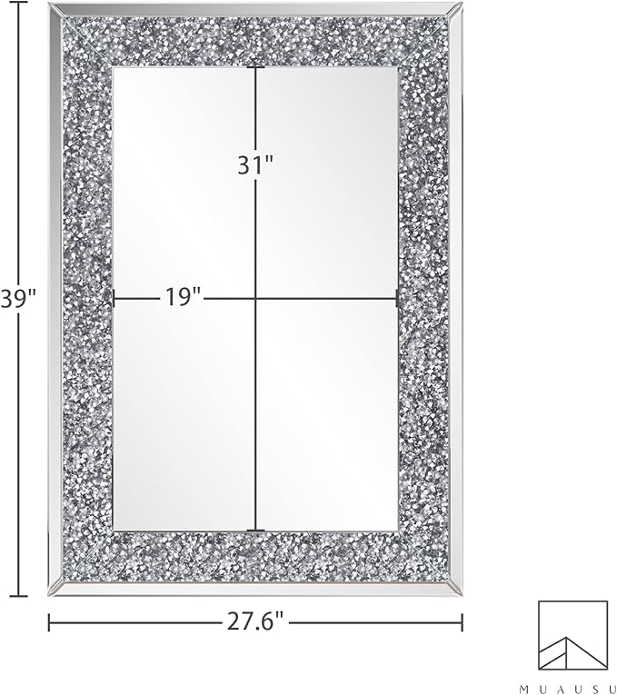 Crystal Crush Diamond Mirror-40 x28 Silver Mirror, Gorgeous Wall Mirror, Rectangle Mirrors for Wall Bathroom, Bedroom, Dining Room and Living Room