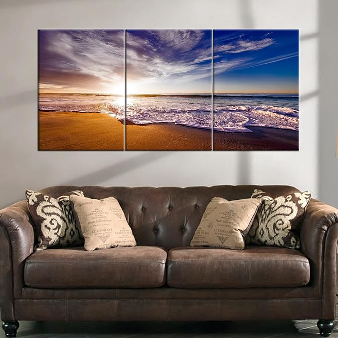 Landscape Wooden Framed Canvas Wall Art Beach Sunset Posters Print Summer Seascape Painting Artwork for Modern Home Living Room Dinning Room Hotel Picture Wall Decoration Ready to Hang [60''W x 28''H]