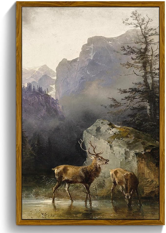 crmotu Vintage Framed Wall Art, Animal Deers Painting Canvas Prints, Mountain Mist Landscape Rustic Home Decorations, Nature Aesthetic Pictures Wall Decor Living Room Bedroom Bathroom Kitchen 20x30in