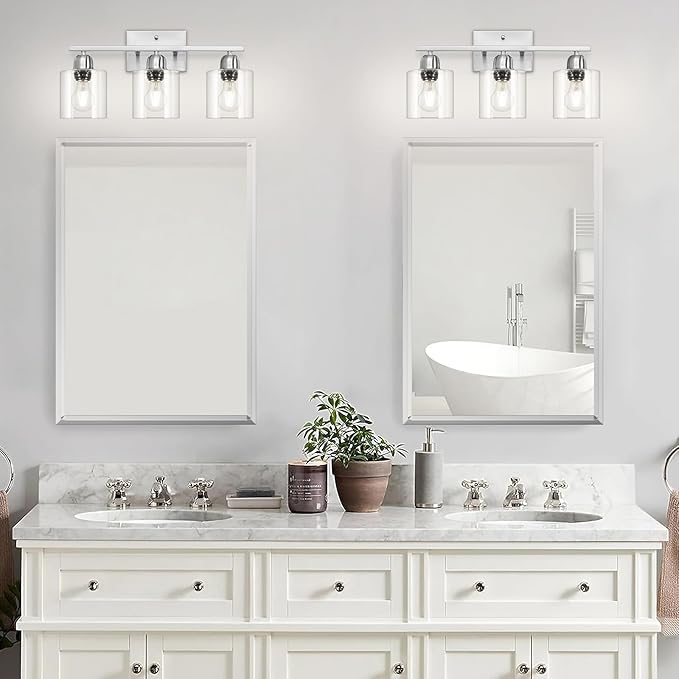 Brushed Nickel Bathroom Light Fixture, 3 Light Vanity Lights for Bathroom, Bath Lights with Clear Glass, E26 Socket