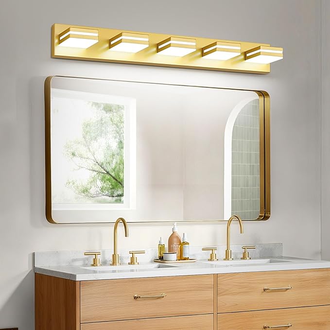 Modern LED Bathroom Lights Fixtures(5-Light),Metal Gold Acrylic Wall Lighting,Vanity Lights for Bathroom Over Mirror(6000k 34In)