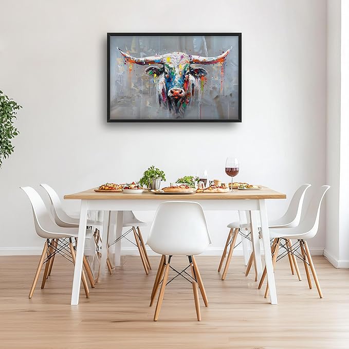 Cow Large Framed Wall Art Abstract Colorful Cow Pictures Oversized Graffiti Wall Decor Canvas Print Painting Aesthetic Modern Artwork for Living Room Bedroom Office Bathroom Home Decor 36L x24W