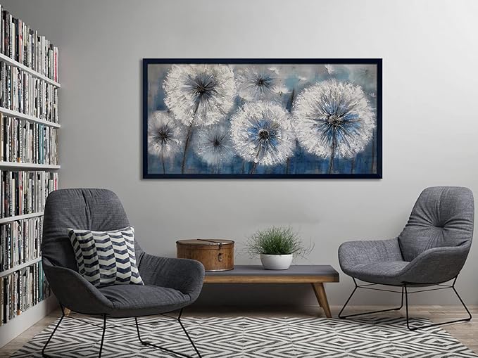 Dandelion Wall Art Blue Large Picture for Living Room Canvas Art Wall Decor Above Bed White Flower Artwork for Walls Paintings Modern Art Aall Decor Framed Wall Art for Bedroom 29×58IN