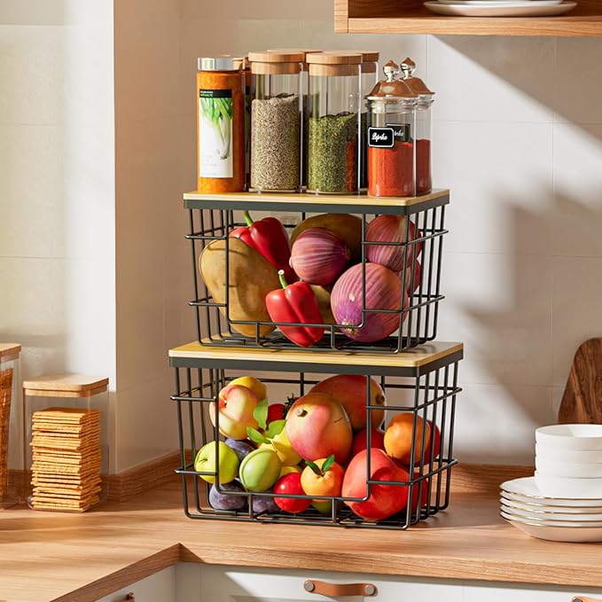 2 Pack Trash Bag Holder, Extra Large Garbage Bag Dispenser with Bamboo Top, Wall Mounted Stackable Trashbag Storage for Kitchen Laundry Room Under Sink Organization