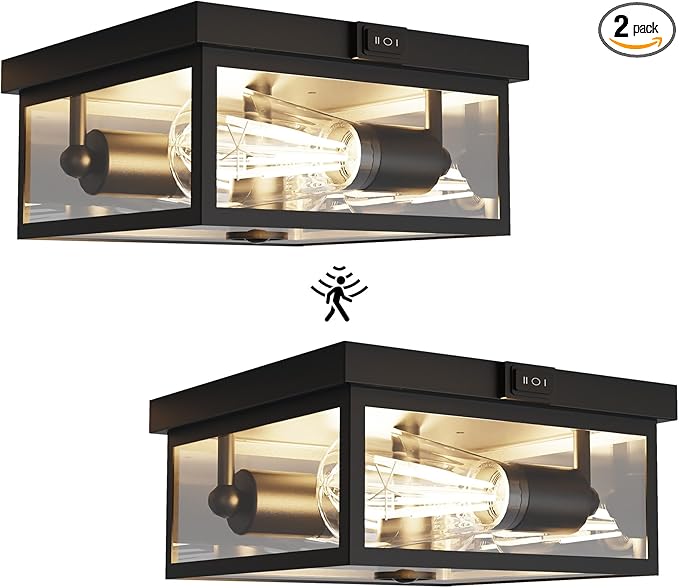 Outdoor Ceiling Light with Motion Sensor, Flush Mount Porch Light, Exterior Light Fixture with Clear Glass, Dusk to Dawn 2-Light Fixture for Patio,Porch (8.5in 2Pack)