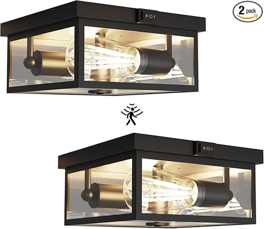 Outdoor Ceiling Light with Motion Sensor, Flush Mount Porch Light, Exterior Light Fixture with Clear Glass, Dusk to Dawn 2-Light Fixture for Patio,Porch (8.5in 2Pack)
