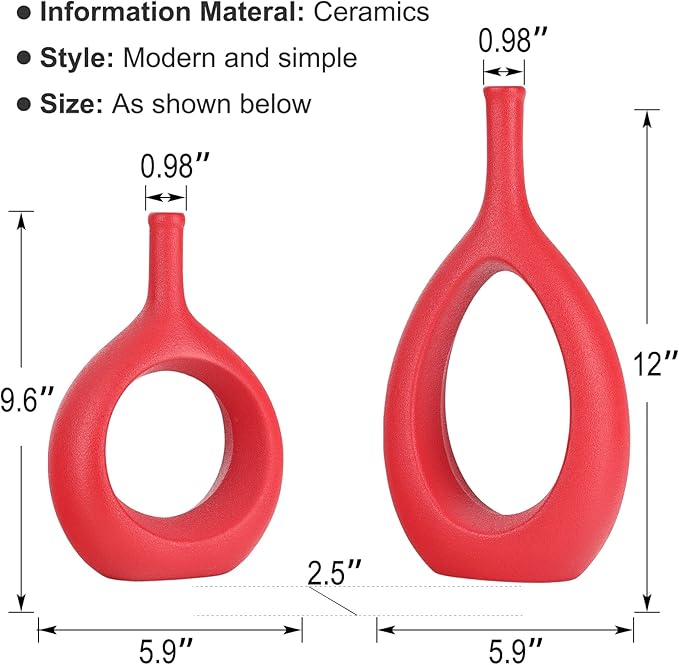 Red Ceramic Hollow Elliptical Vase Set of 2 - Boho Circle Vase with Hole, for Modern Red Table Decor, Living Room Decor Shelf mid Century Modern Home Entrance Decorative vase