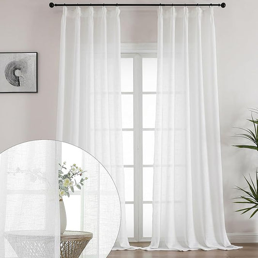 Off White Semi Sheer Curtains 96 Inches Long 2 Panels, Rustic Linen Look Light Filtering Drapes, Modern Farmhouse Window Decor, Pinch Pleat Curtain with Hooks