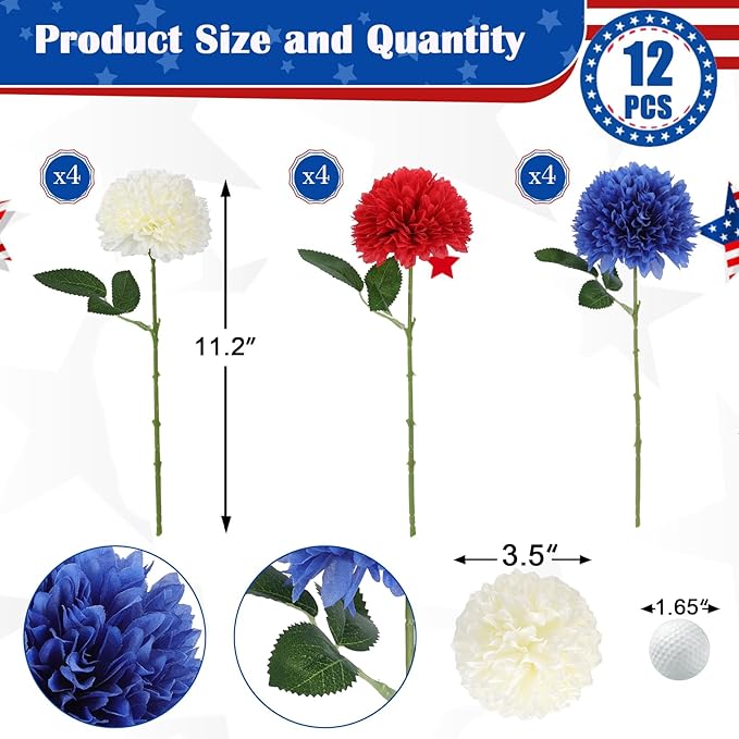 Hananona 12 Pcs Artificial Chrysanthemums Flowers Patriotic Flower, 4th of July Fake Mums Flowers Silk for Home Decor Indoor Memorial Day Table Centerpiece Vase not Included (12, Red, White, Blue)