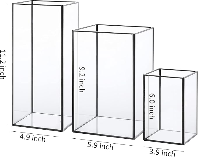 Set of 3 Square Glass Hurricane Candle Holders, Clear Glass Framed in Black-Finish Brass, Great for Home Decor and Wedding,Holiday Decor.